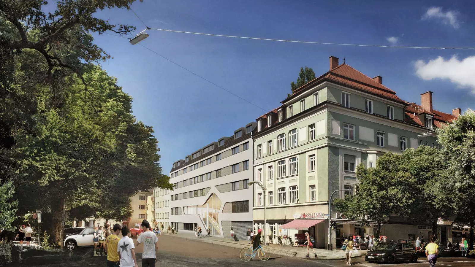 Blick auf das Gebäude, in dem die Jugendherberge am Winthirplatz untergebracht ist